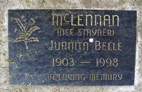 Photo of headstones/Juanita Belle McLennan 1903-1998 hdstn Hazelmere Cem